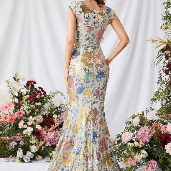 Multicolor Preppy Women's Floral Sequin Pattern Split Thigh Dress - Picture 2 of 6